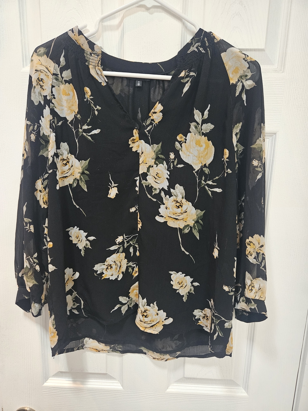 Women's Black Floral Blouse with Yellow Rose Print
